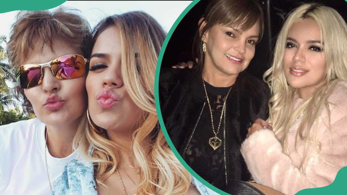 Karol G and her mother, Martha Navarro sending kisses (L). The singer, Karol G posing with her hand on her mother's shoulder (R). Karol G and her mother, Martha Navarro sending kisses (L). The singer, Karol G posing with her hand on her mother's shoulder (R).