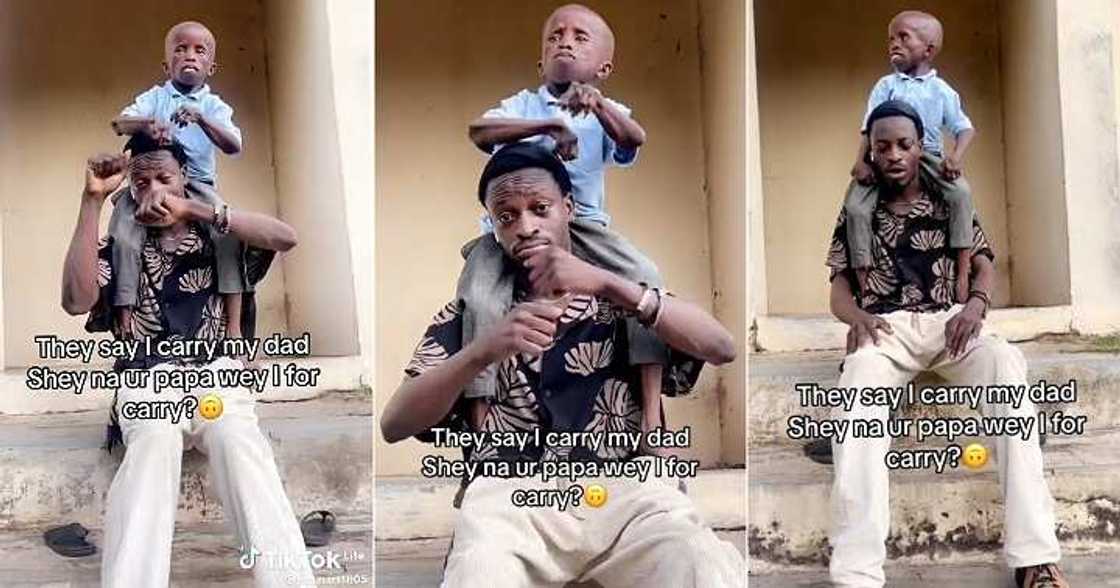 Man dances with his father who has a small stature Man dances with his father who has a small stature