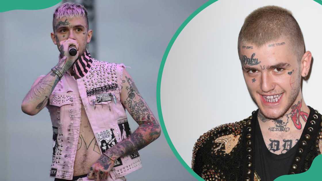 Lil Peep performing on stage and posing on a red carpet Lil Peep performing on stage and posing on a red carpet