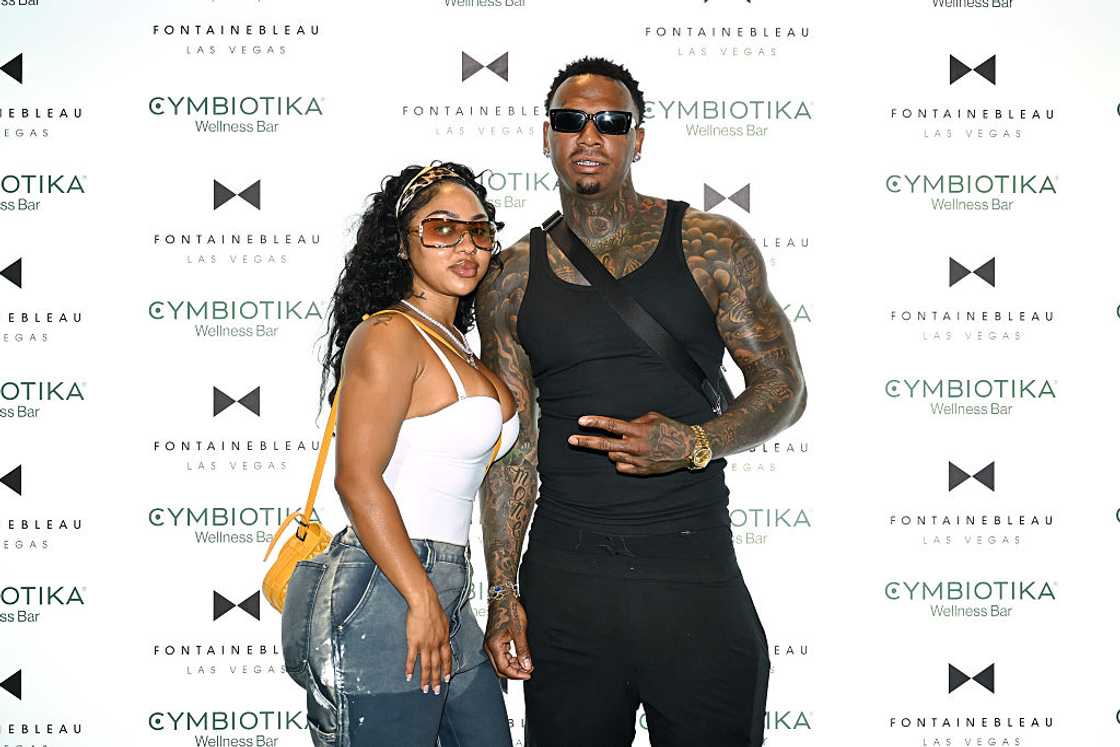 Ari Fletcher and Moneybagg Yo attend the Cymbiotika Wellness Bar Grand Opening Event at Fontainebleau Las Vegas in Las Vegas, Nevada.