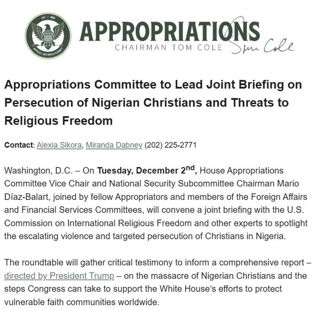 Riley Moore confirmed Trump-directed inquiry into persecution of Christians in Nigeria through a roundtable.