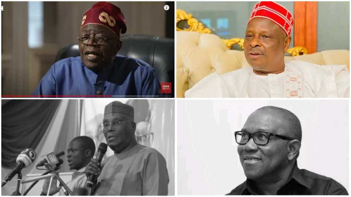 Bola Tinubu, Atiku Abubakar/Peter Obi/Rabiu Kwankwaso/2023 election/APC/PDP/NNPP/Labour Party