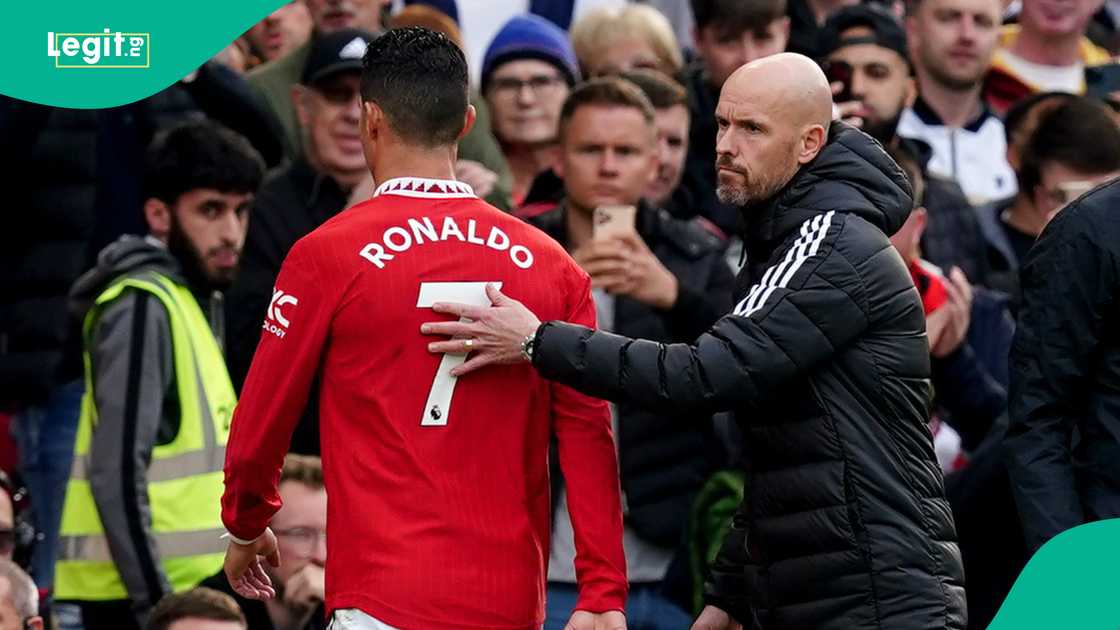 Cristiano Ronaldo, Erik ten Hag, Manchester United, Premier League, England. Cristiano Ronaldo, Erik ten Hag, Manchester United, Premier League, England.