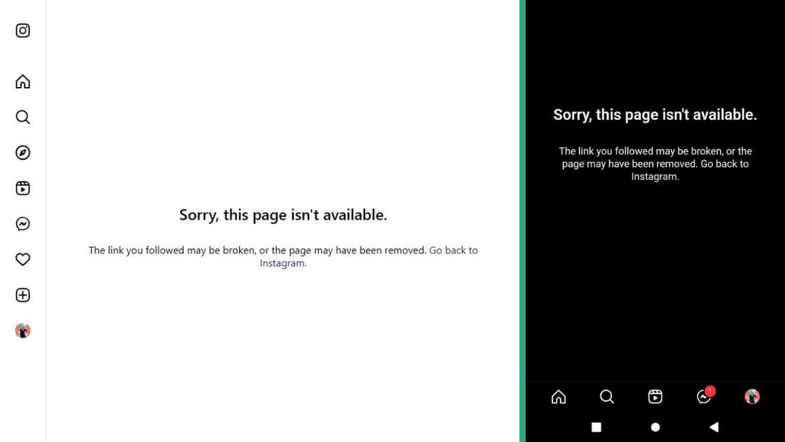 Screenshots of a blocked or deactivated Instagram account. Screenshots of a blocked or deactivated Instagram account.