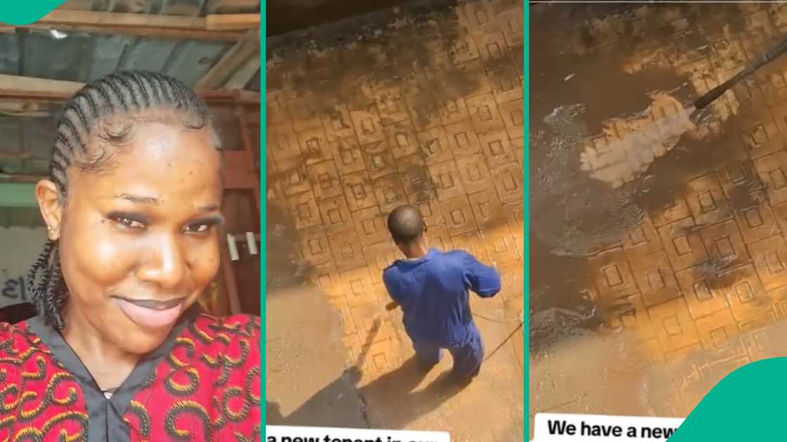 New tenant washes apartment compound, Tenant uses pressure washer on interlocks, Video shows tenant cleaning with water, Tenant praised for practicing cleanliness, Social media reacts to tenant’s action, Tenant goes viral for cleaning efforts.