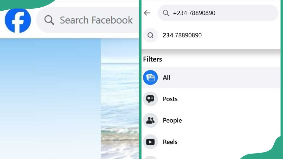 Screenshots of steps finding Facebook by phone number