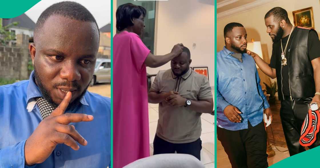 Oga Sabinus kneel for Odumodu Blvck’s mother as she anoints him Oga Sabinus kneel for Odumodu Blvck’s mother as she anoints him