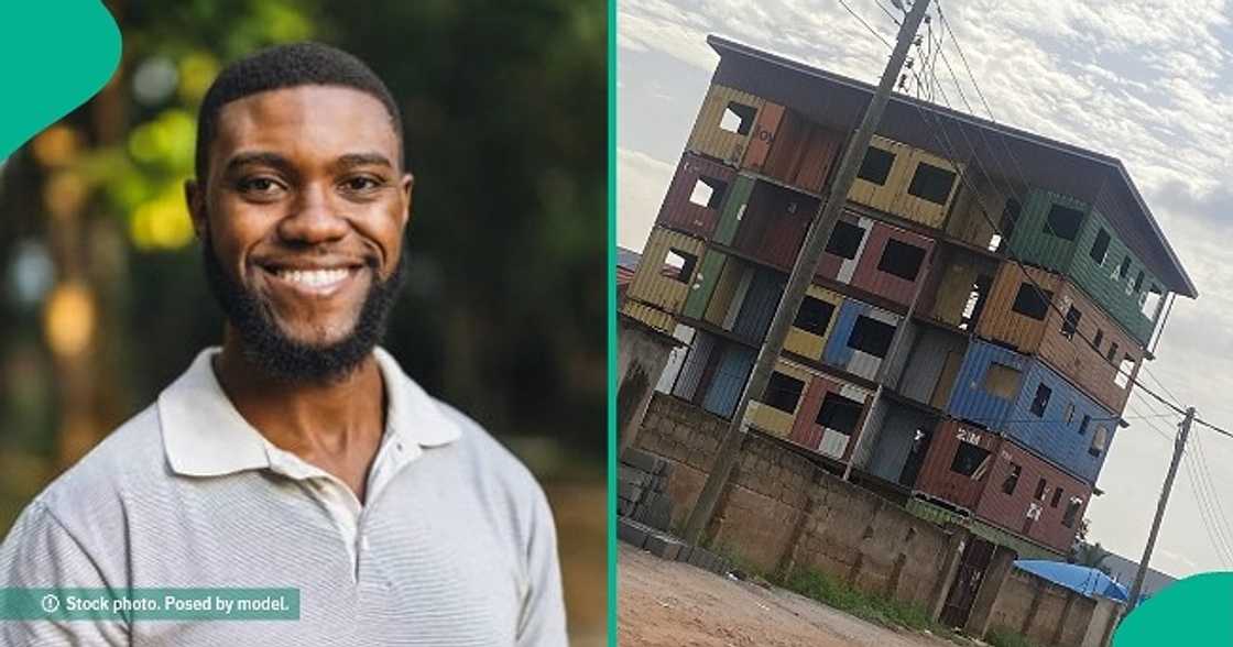 Reactions trail photo of 5-storey building constructed with different colours of iron containers. Reactions trail photo of 5-storey building constructed with different colours of iron containers.