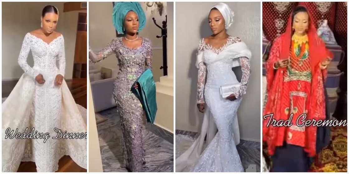 Photos of the bride in four different looks. Photos of the bride in four different looks.