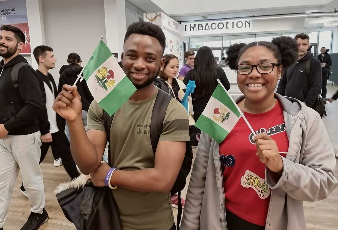 Young Nigerian students wave Nigerian flags in a crowded indoor environment Young Nigerian students wave Nigerian flags in a crowded indoor environment