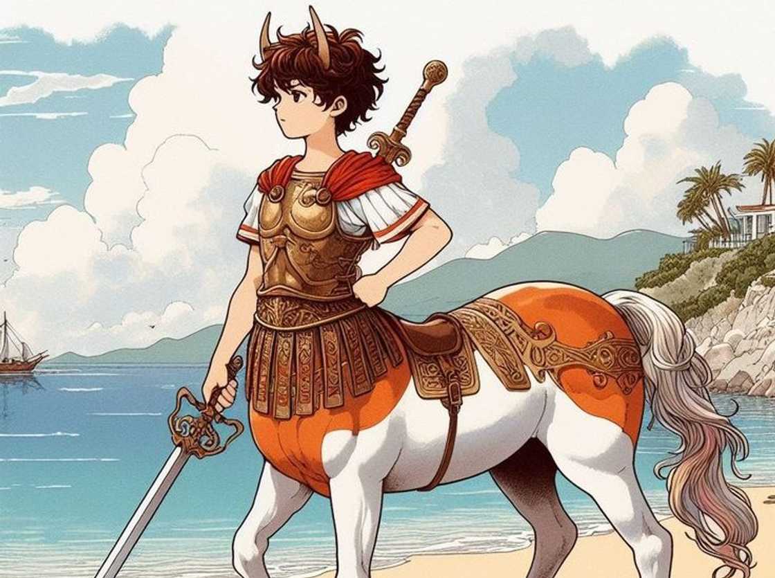 Centaur holding a sword while walking along the beach Centaur holding a sword while walking along the beach