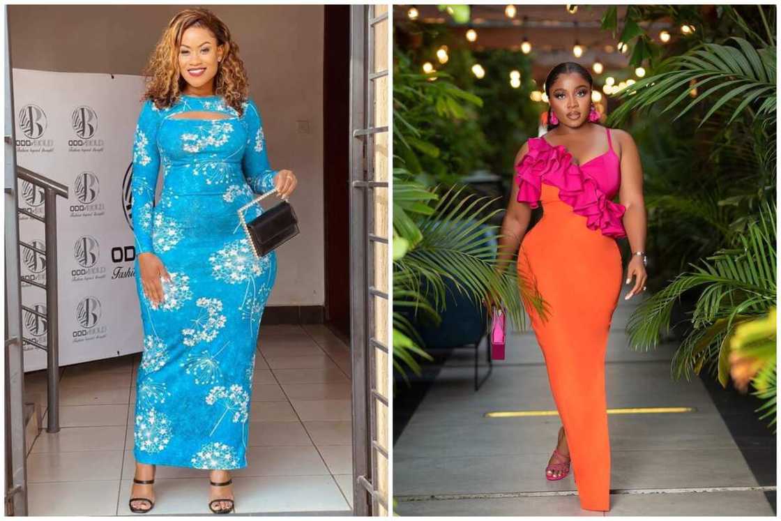 Two ladies displaying varied designs of bodycon gowns Two ladies displaying varied designs of bodycon gowns