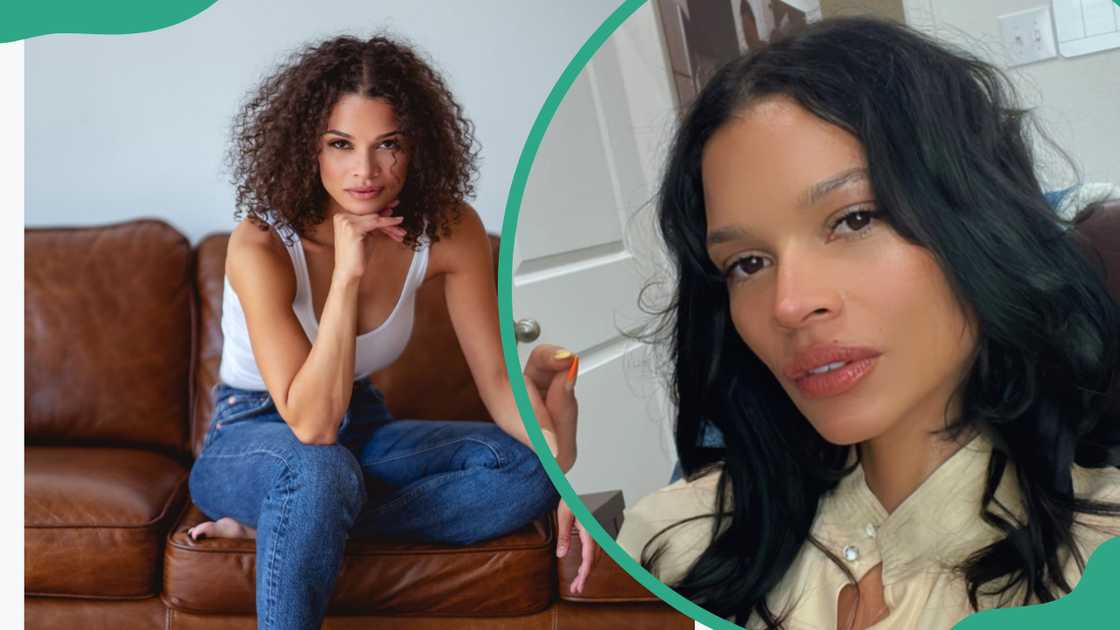 Caressa Suzzette relaxing on a brown coach (L) and she takes a selfie indoors (R) Caressa Suzzette relaxing on a brown coach (L) and she takes a selfie indoors (R)