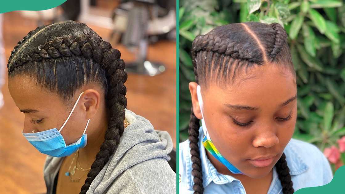 Two cornrow braids. Two cornrow braids.