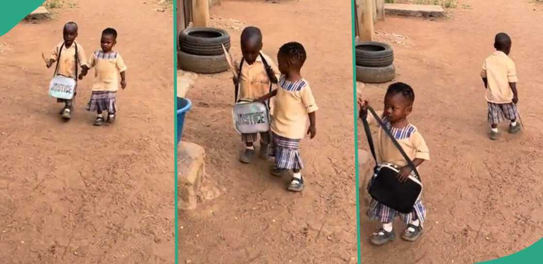 Two kids walk home together after school.