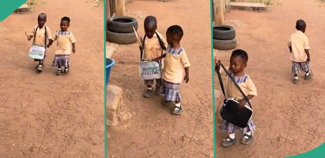 Two kids walk home together after school. Two kids walk home together after school.