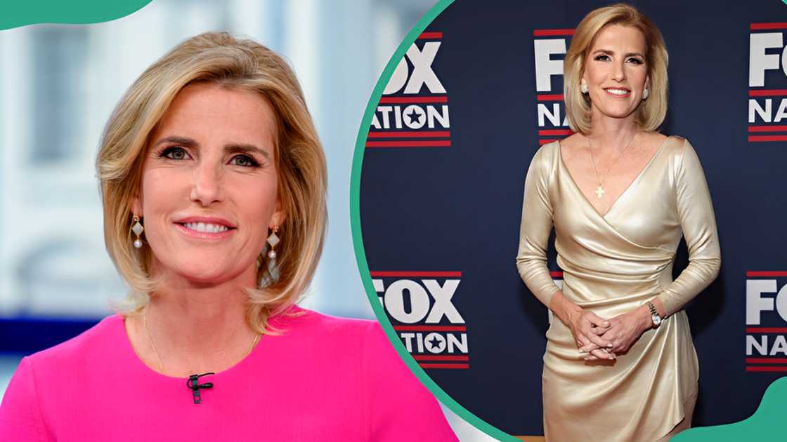 Laura Ingraham at Fox News Channel Studios in New York City (L) and at The Grand Ole Opry in Nashville, Tennessee (R)