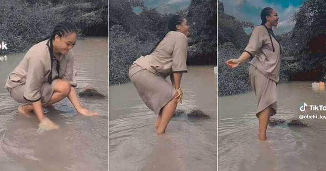 Pretty lady dances at stream Pretty lady dances at stream