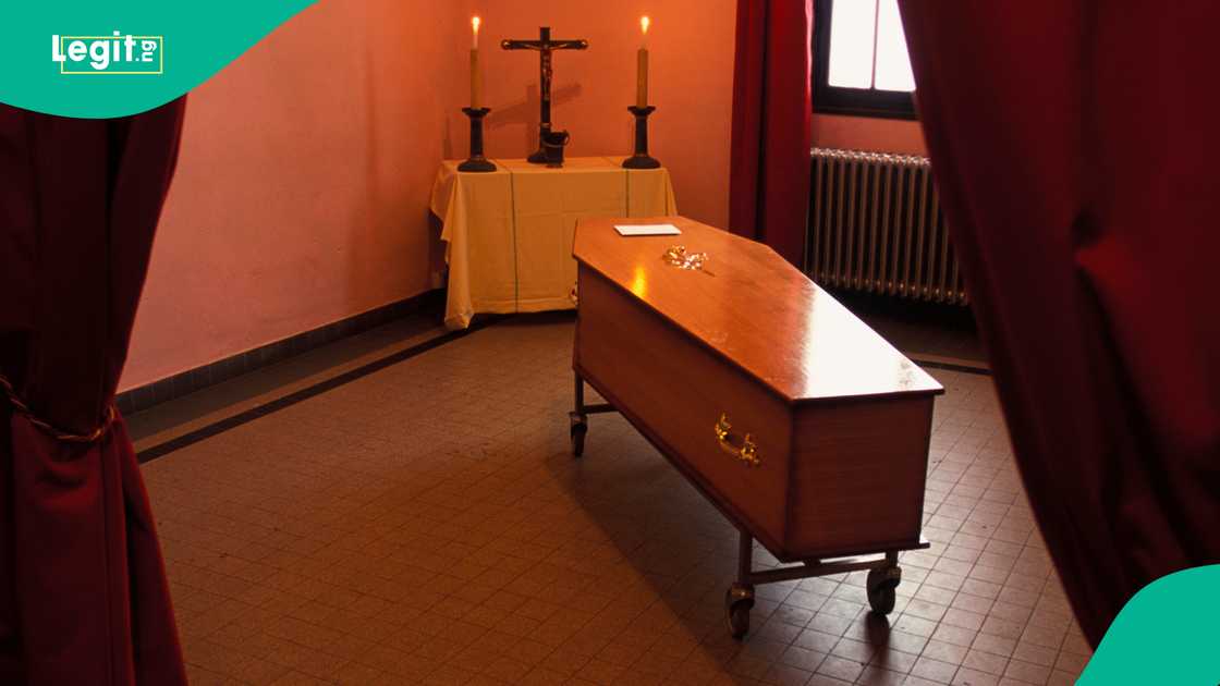Viral video shows priest tumble into grave, landing flat on coffin at cemetery.