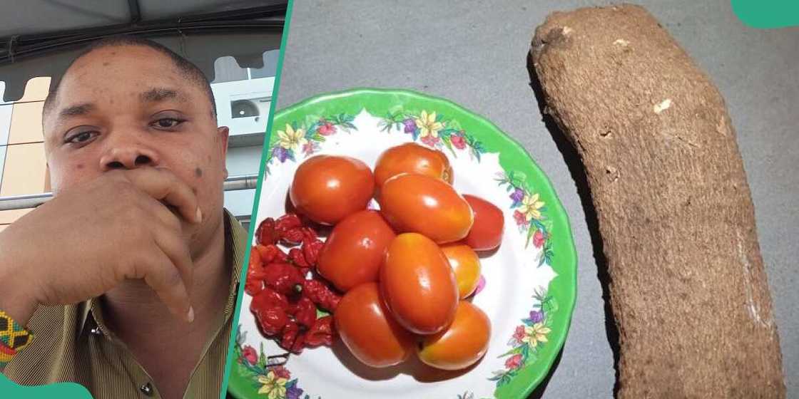 Man displays small yam sold to him at N2500 in market