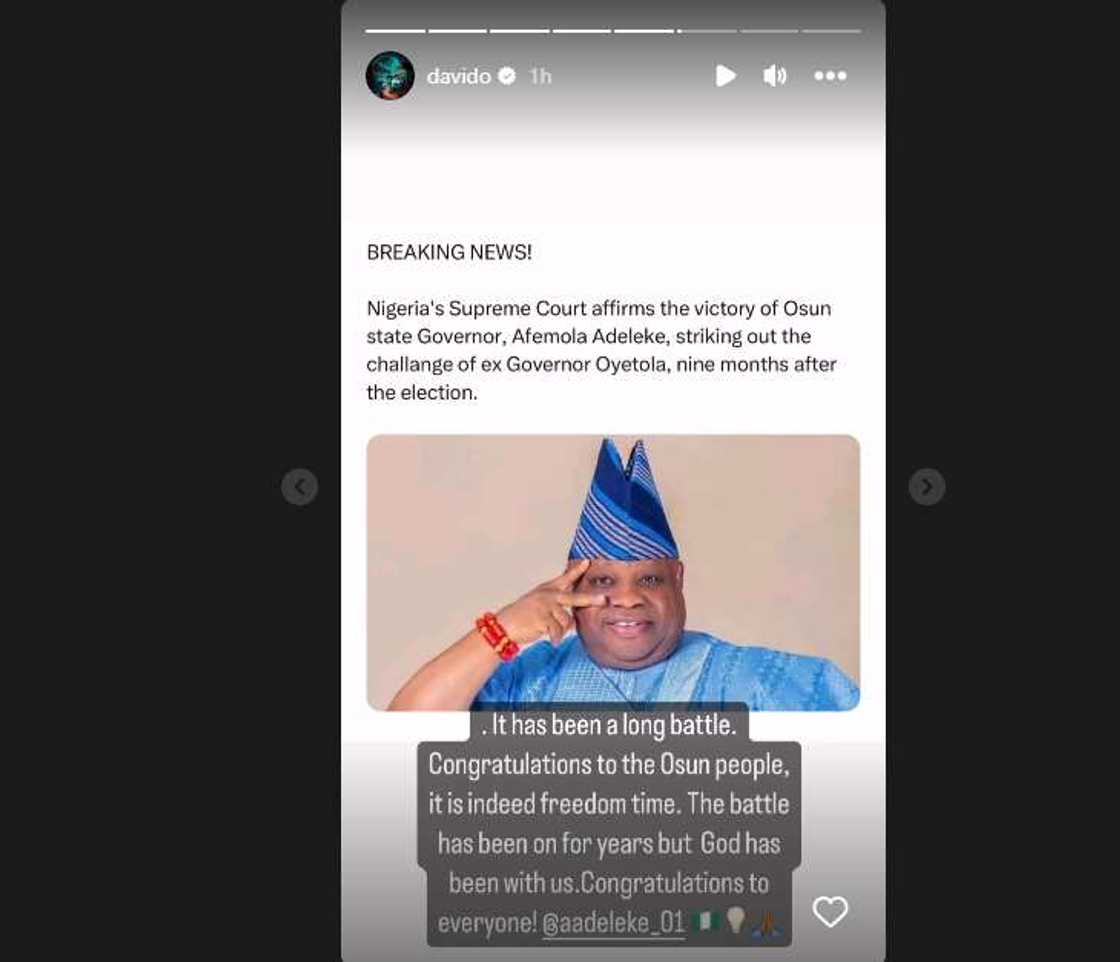 Davido reacts to Ademola Adeleke's Supreme Court victory. Davido reacts to Ademola Adeleke's Supreme Court victory.