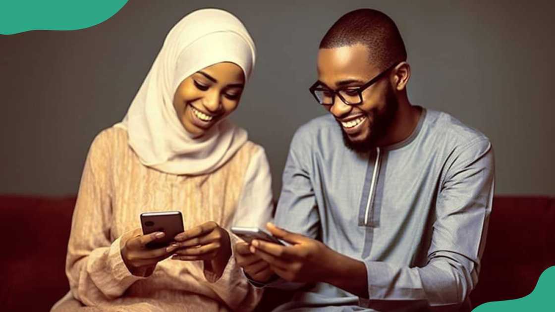 A young woman and man using their phones.