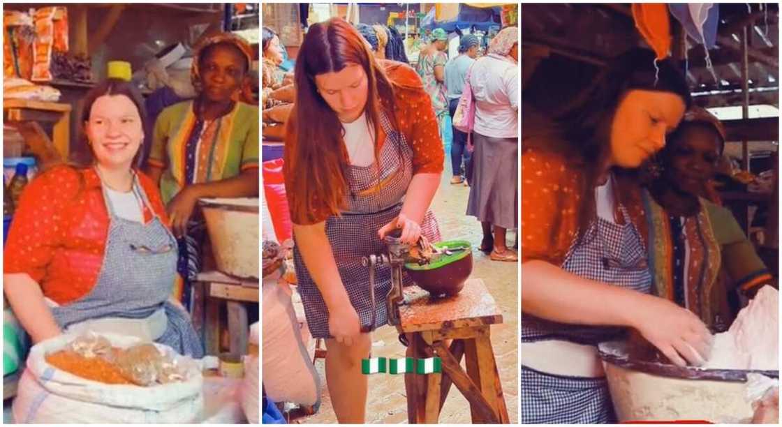 Oyinbo lady seen hustling inside a Nigerian market, goes viral. Oyinbo lady seen hustling inside a Nigerian market, goes viral.