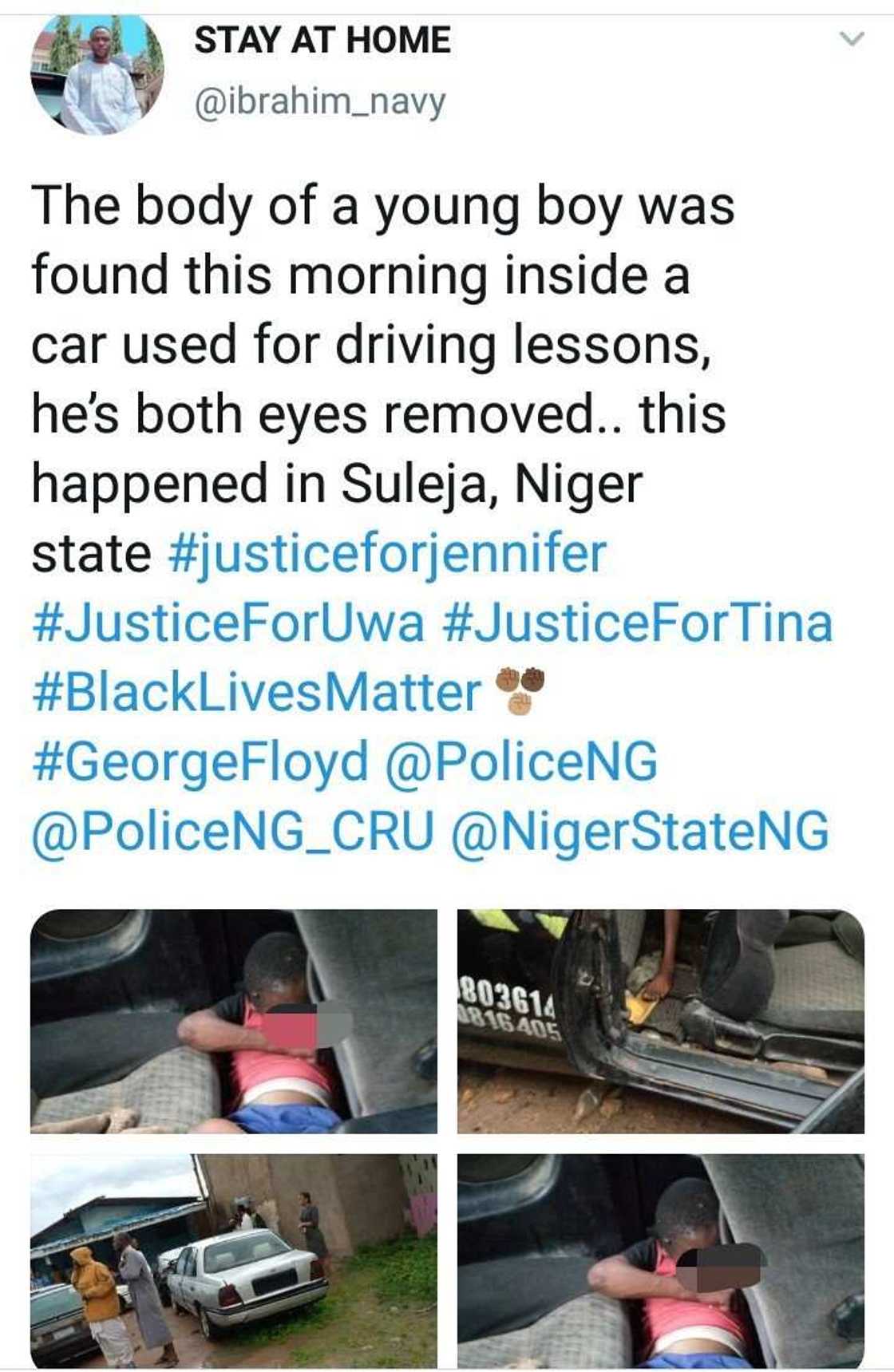 An tsinci gawar yaro a mota bayan an kwakule masa idanuwa (Hotuna) An tsinci gawar yaro a mota bayan an kwakule masa idanuwa (Hotuna)