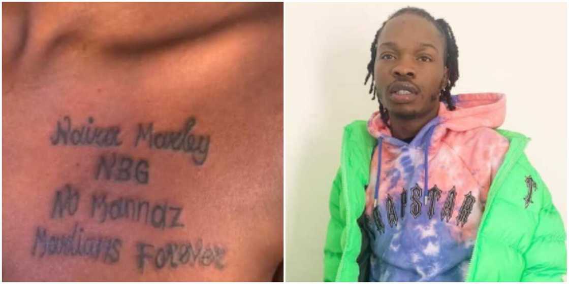 Naira Marley rendered speechless again as die-hard female fan tattoos his name on her chest Naira Marley rendered speechless again as die-hard female fan tattoos his name on her chest
