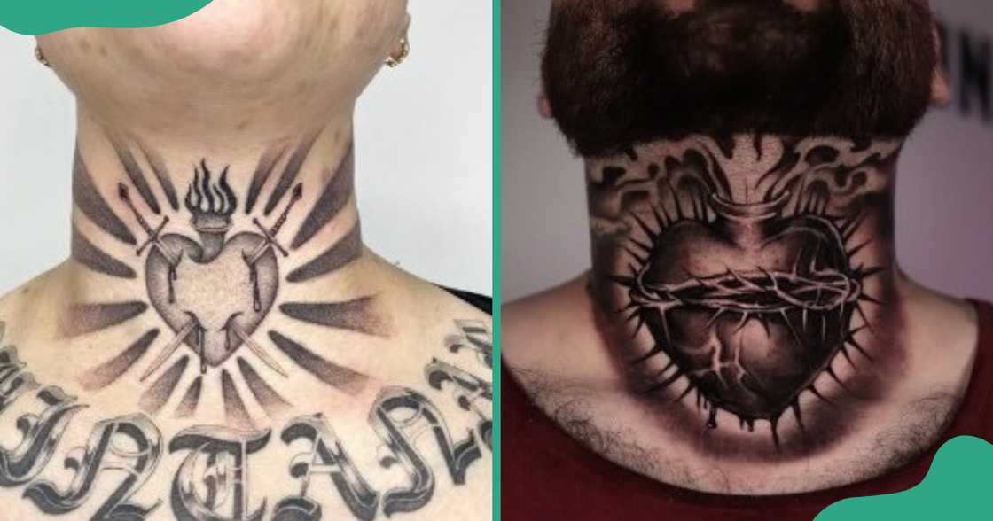 Tattoos with a heart design on the throats of two men