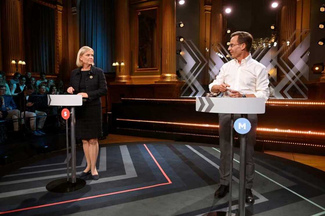 Swedish Prime Minister and leader of the Social Democrats Magdalena Andersson (L) and leader of the conservative Moderate party Ulf Kristersson debate on September 10, 2022, one day ahead of the general elections Swedish Prime Minister and leader of the Social Democrats Magdalena Andersson (L) and leader of the conservative Moderate party Ulf Kristersson debate on September 10, 2022, one day ahead of the general elections
