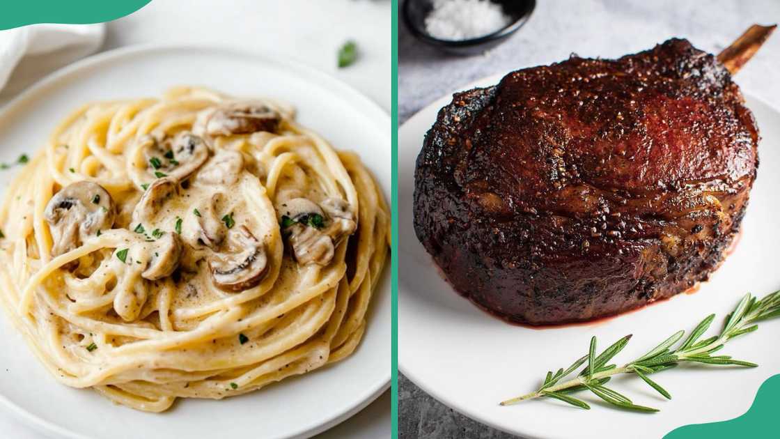 A plate of Creamy Mushroom Pasta (L) and a piece of Australian Ribeye (R) A plate of Creamy Mushroom Pasta (L) and a piece of Australian Ribeye (R)