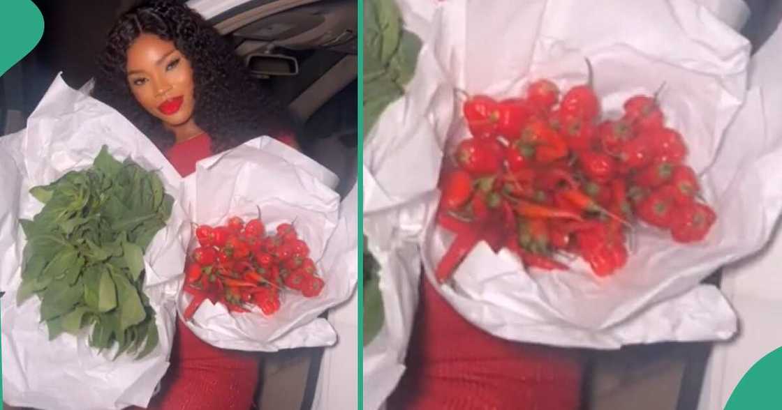 Lady gets pepper from her man as a gift. Lady gets pepper from her man as a gift.
