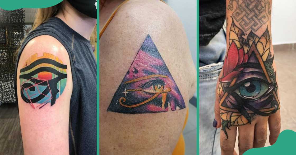 Neo-traditional Eye of Horus tattoos on the arms