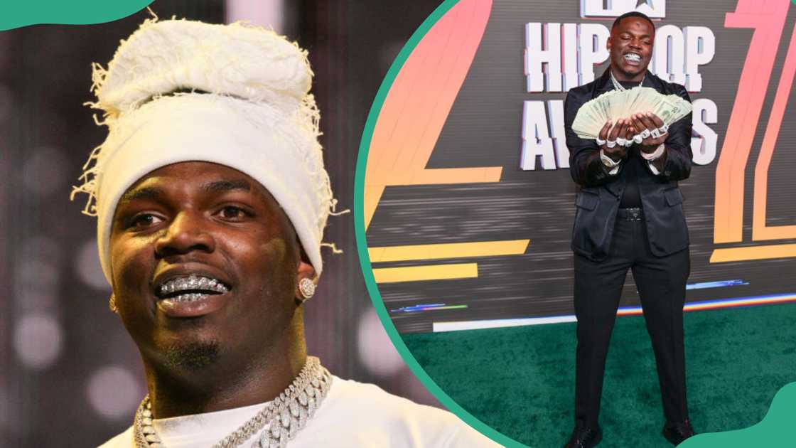 Big Boogie performs at the CMG Gangsta Art Tour (L) and flaunts cash at the 2024 BET Hip Hop Awards in Las Vegas (R).