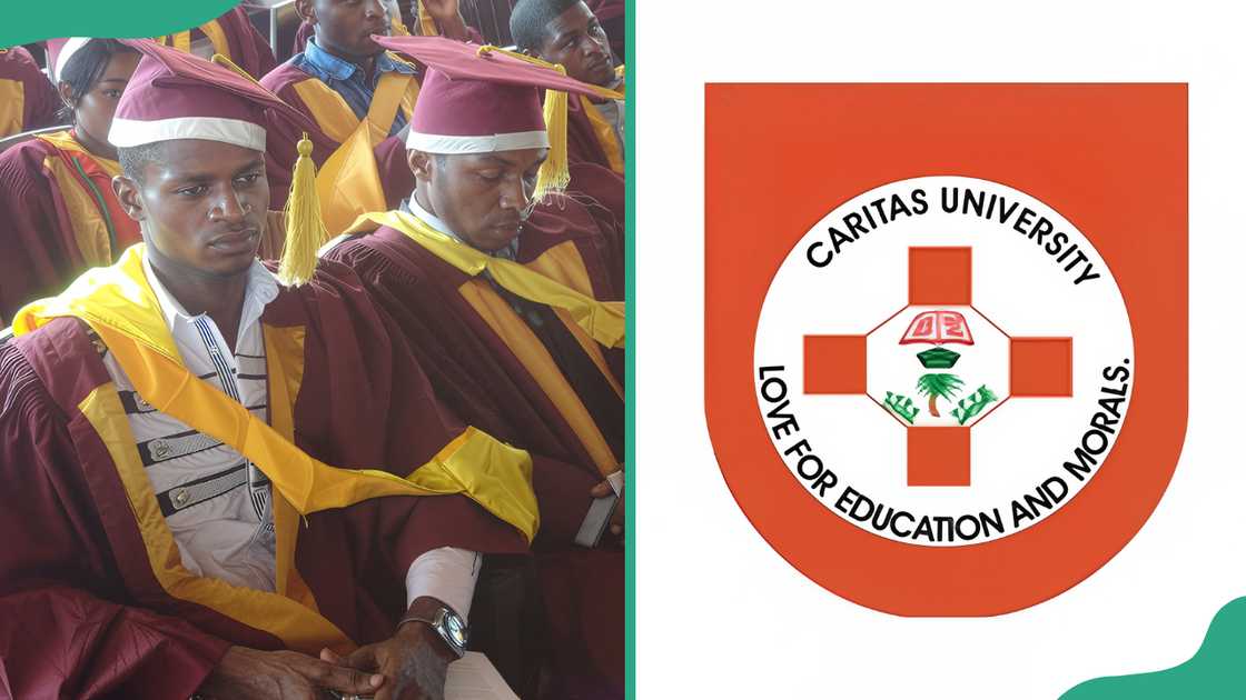 Caritas University students graduating (L). The university logo (L) Caritas University students graduating (L). The university logo (L)