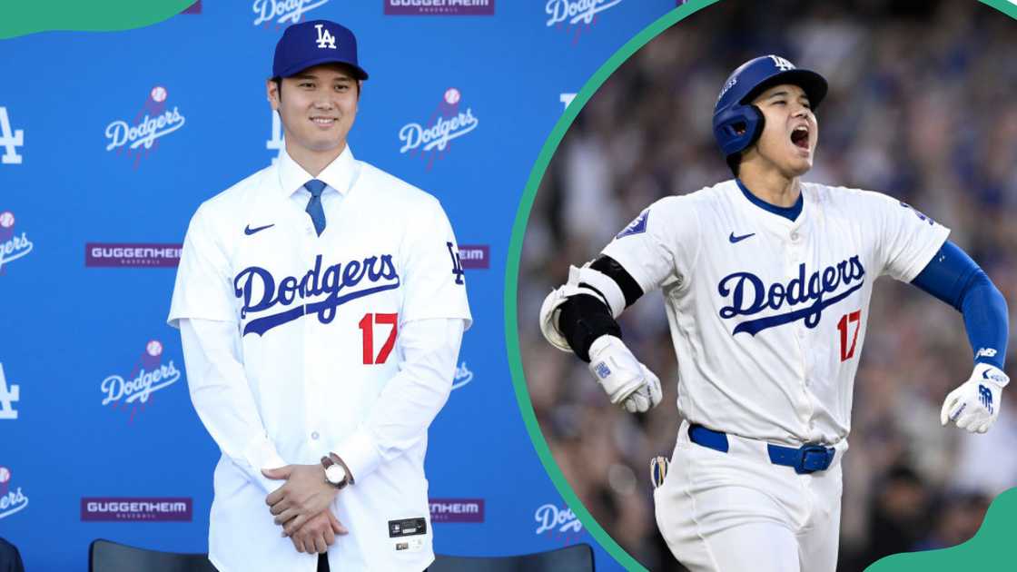 Shohei Ohtani in Los Angeles, California and celebrating a three-run home run Shohei Ohtani in Los Angeles, California and celebrating a three-run home run