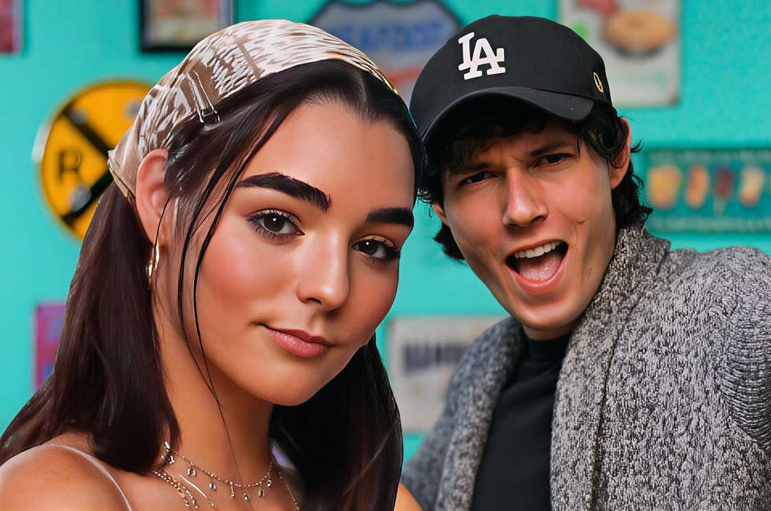 A closeup photo of Indiana Massara, wearing a patterned headscarf and Zach Justice in an LA cap