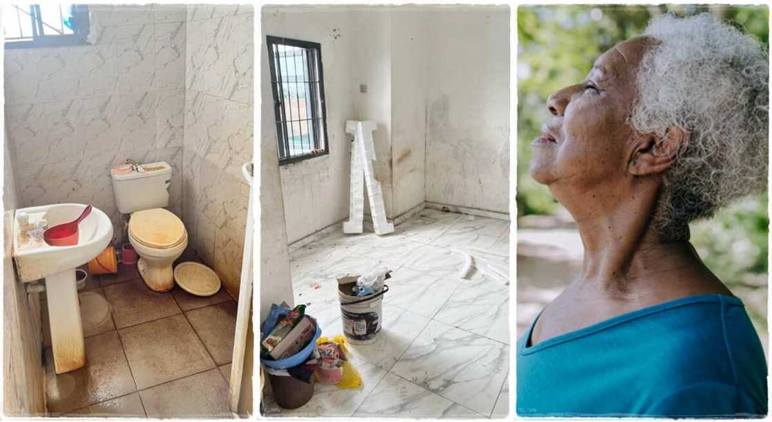 Photos of a dirty room and an old woman. Photos of a dirty room and an old woman.