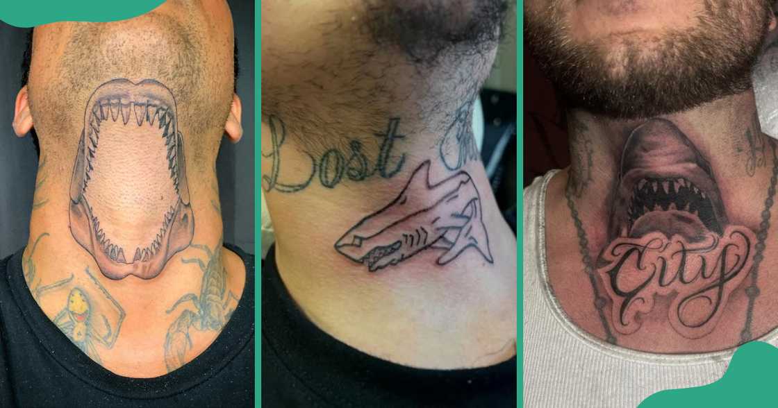 Throat tattoos with different shark designs. Throat tattoos with different shark designs.
