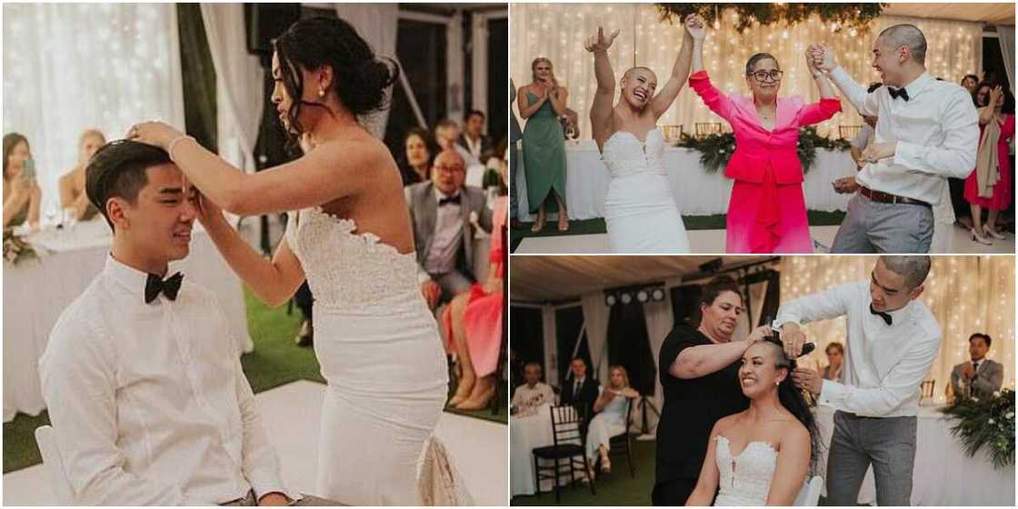 Video shows bride and groom shaving their hair on wedding day in solidarity with mum battling cancer