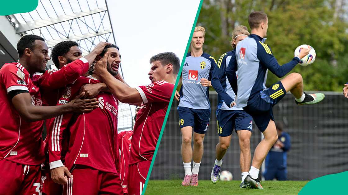 Liverpool players celebrate after scoring. Sweden's national team in Bosön in Lidingö training Liverpool players celebrate after scoring. Sweden's national team in Bosön in Lidingö training