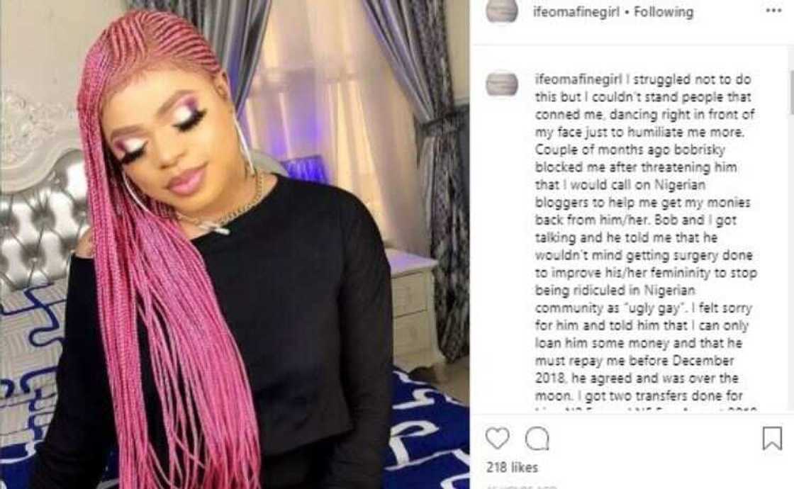 Bobrisky: Lady calls him out for not returning N8m he borrowed for gender surgery Bobrisky: Lady calls him out for not returning N8m he borrowed for gender surgery