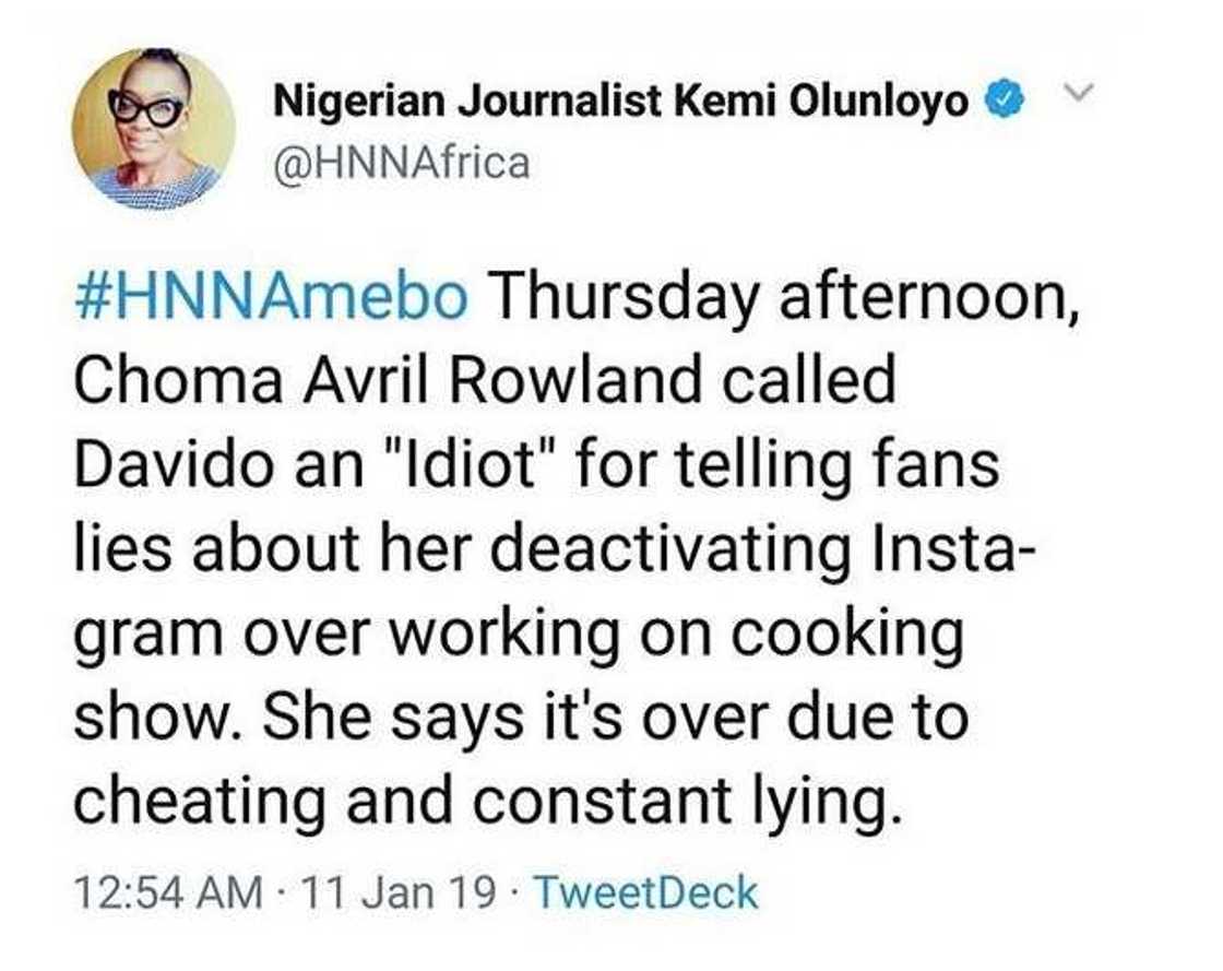 Chioma allegedly calls Davido an idiot for lying to fans over their breakup Chioma allegedly calls Davido an idiot for lying to fans over their breakup