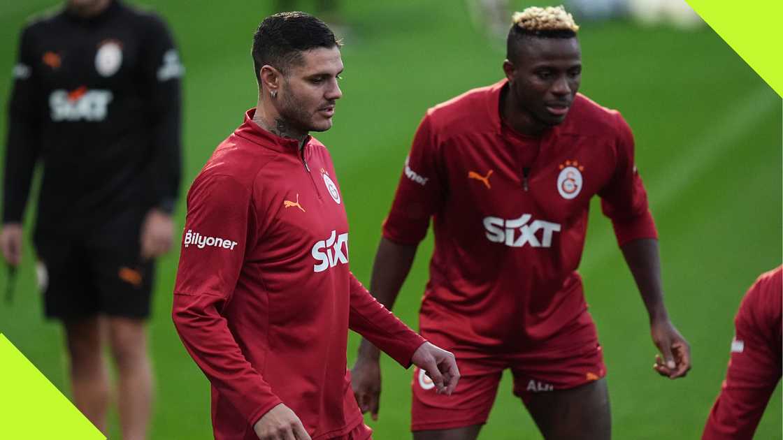 Mauro Icardi, Victor Osimhen Galatasaray, Florya Metin Oktay facilities, Istanbul, Turkey, October 16, 2024. Mauro Icardi, Victor Osimhen Galatasaray, Florya Metin Oktay facilities, Istanbul, Turkey, October 16, 2024.