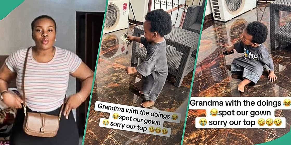 Little boy rocks oversized cloth grandma bought for him