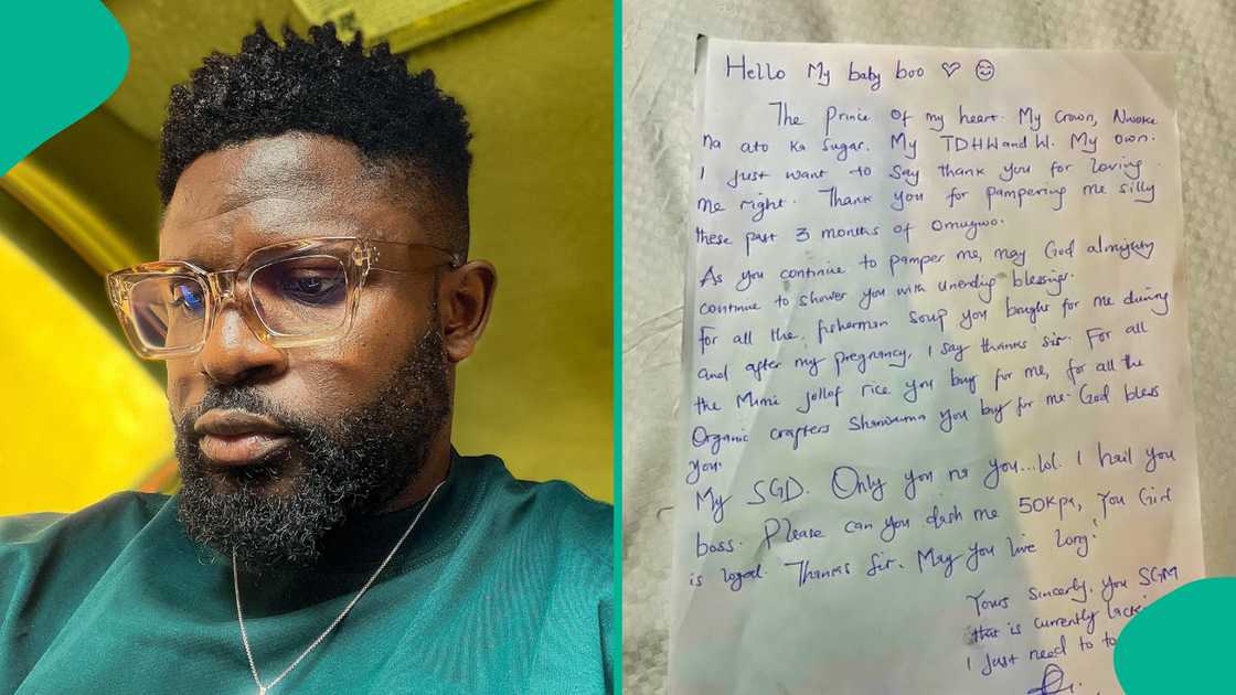 Man shows letter his wife wrote to him. Man shows letter his wife wrote to him.
