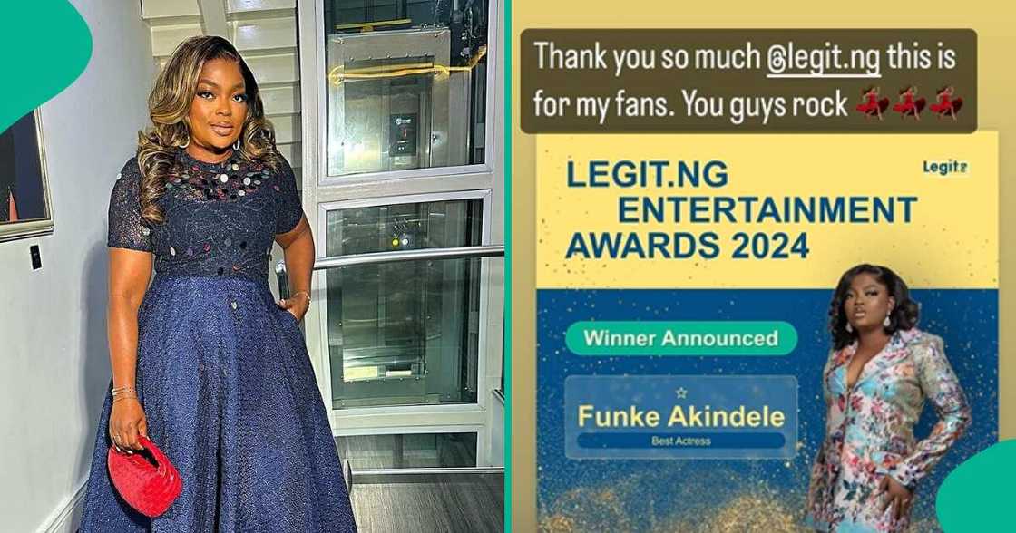Funke Akindele celebrates best actress win at Legit Awards. Funke Akindele celebrates best actress win at Legit Awards.