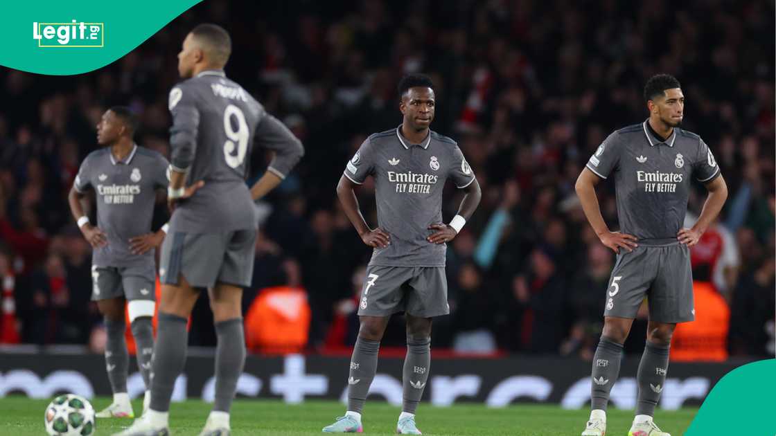 David Alaba, Kylian Mbappe, Vinicius Jr, Jude Bellingham, Real Madrid, Arsenal, Emirates Stadium, London, England, UEFA Champions League. David Alaba, Kylian Mbappe, Vinicius Jr, Jude Bellingham, Real Madrid, Arsenal, Emirates Stadium, London, England, UEFA Champions League.