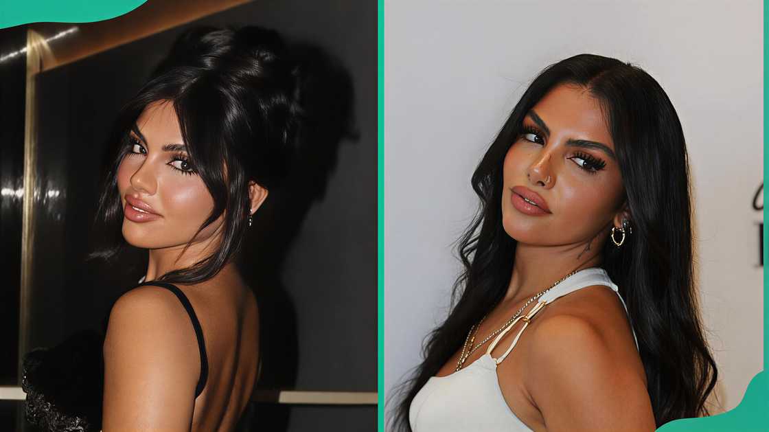 Huda Love Island posing in a black dress and in a white dress Huda Love Island posing in a black dress and in a white dress